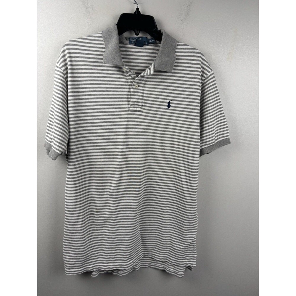 Ralph Lauren Polo Shirt Mens XL White Gray Striped 100% Cotton Casual Pony